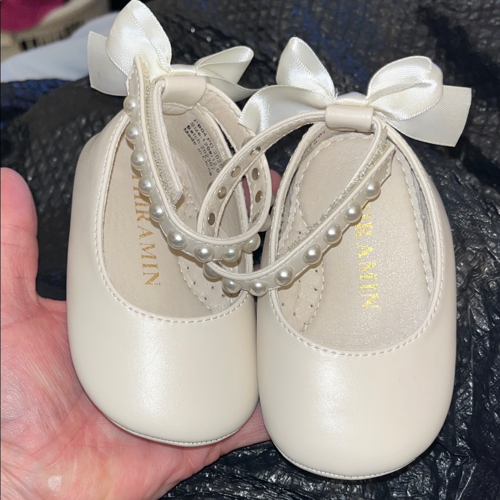 Phiramin Baby Dress Shoes with Pearl Accent and Bow Ankle Strap